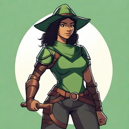 An athletic, curvy female half-elf fighter with short dark curly hair, dark brown eyes, and dark brown skin