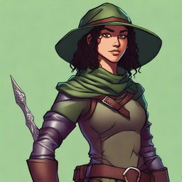 A short, athletic female half-elf fighter with short dark curly hair, dark brown eyes, and dark brown skin