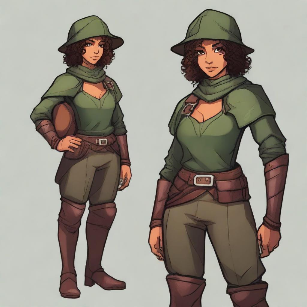 A short, athletic female half-elf fighter with short dark curly hair, dark brown eyes, and dark brown skin