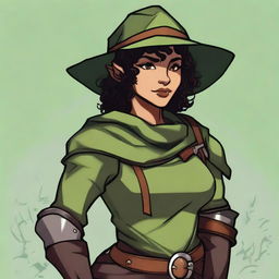 A short, athletic female half-elf fighter with short dark curly hair, dark brown eyes, and dark brown skin