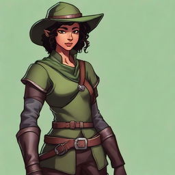 A short, athletic female half-elf fighter with short dark curly hair, dark brown eyes, and dark brown skin