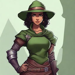 A short, athletic female half-elf fighter with short dark curly hair, dark brown eyes, and dark brown skin