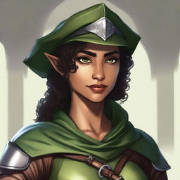 A short, athletic female half-elf fighter with short dark curly hair, dark brown eyes, and dark brown skin