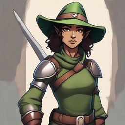 A short, athletic female half-elf fighter with short dark curly hair, dark brown eyes, and dark brown skin