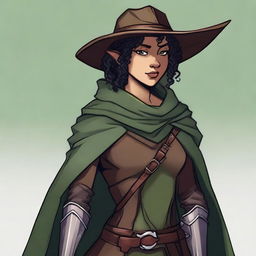 A short, athletic female half-elf fighter with short dark curly hair, dark brown eyes, and darker brown skin