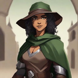 A short, athletic female half-elf fighter with short dark curly hair, dark brown eyes, and darker brown skin