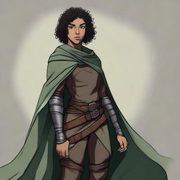 A short, athletic female half-elf fighter with short dark curly hair, dark brown eyes, and darker brown skin