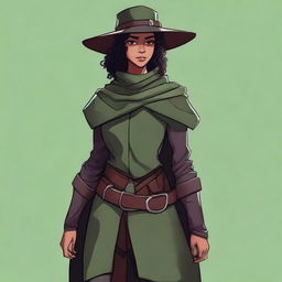 A short, athletic female half-elf fighter with short dark curly hair, dark brown eyes, and darker brown skin