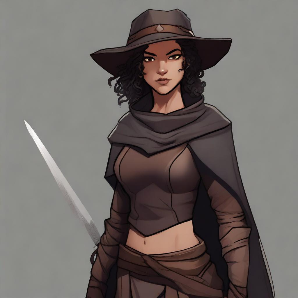 A short, athletic female half-elf fighter with short dark curly hair, dark brown eyes, and darker brown skin