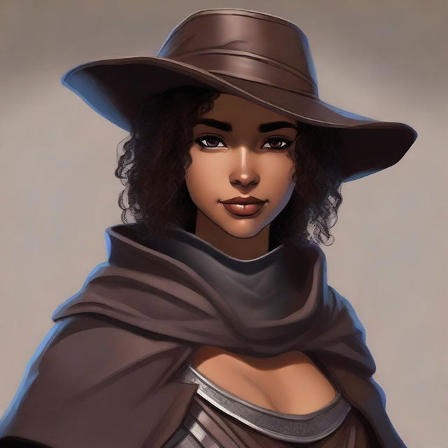 A short, athletic female half-elf fighter with short dark curly hair, dark brown eyes, and darker brown skin