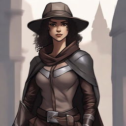 A short, athletic female half-elf fighter with short dark curly hair, dark brown eyes, and darker brown skin