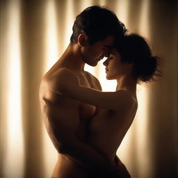 A couple in a semi-lit room, hugging each other sensually