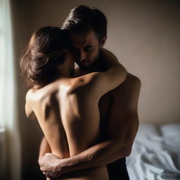 A couple in a semi-lit room, hugging each other sensually