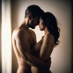 A couple in a semi-lit room, hugging each other sensually