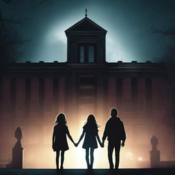 A teenage boy and girl holding hands at night in front of a tall, ominous building