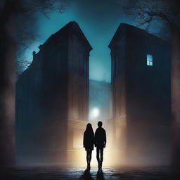 A teenage boy and girl holding hands at night in front of a tall, ominous building