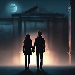 A teenage boy and girl holding hands at night in front of a tall, ominous building