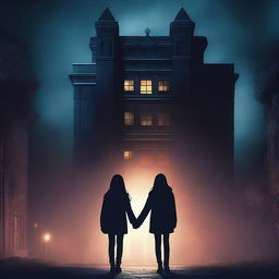 A teenage boy and girl holding hands at night in front of a tall, ominous building