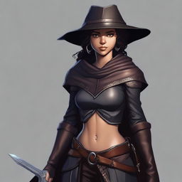 A short, athletic female half-elf fighter with short dark curly hair, dark brown eyes, and darker brown skin