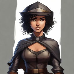 A short, athletic female half-elf fighter with short dark curly hair, dark brown eyes, and darker brown skin