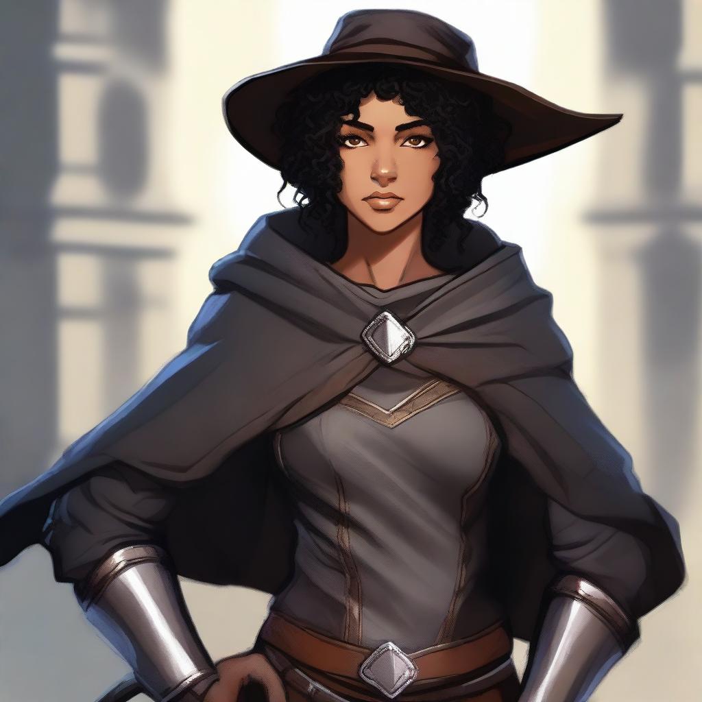 A short, athletic female half-elf fighter with short dark curly hair, dark brown eyes, and darker brown skin