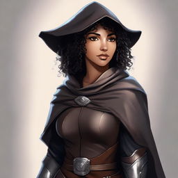 A short, athletic female half-elf fighter with short dark curly hair, dark brown eyes, and darker brown skin