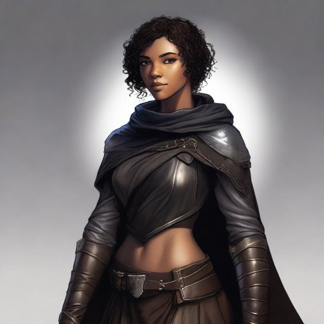 A short, athletic female half-elf fighter with short dark curly hair, dark brown eyes, and darker brown skin