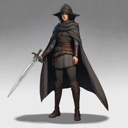 A short, athletic female half-elf fighter with short dark curly hair, dark brown eyes, and darker brown skin