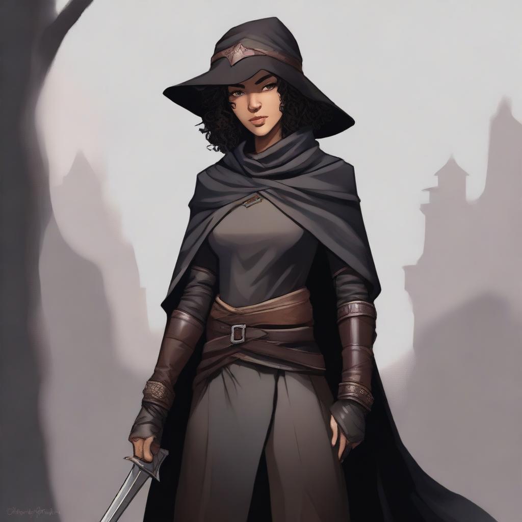 A short, strong female half-elf fighter with short dark curly hair, dark brown eyes, and darker brown skin