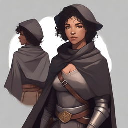 A short, strong female half-elf fighter with short dark curly hair, dark brown eyes, and darker brown skin