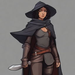 A short, strong female half-elf fighter with short dark curly hair, dark brown eyes, and darker brown skin