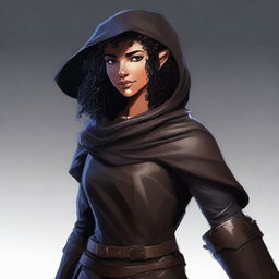 A short, strong female half-elf fighter with short dark curly hair, dark brown eyes, and darker brown skin