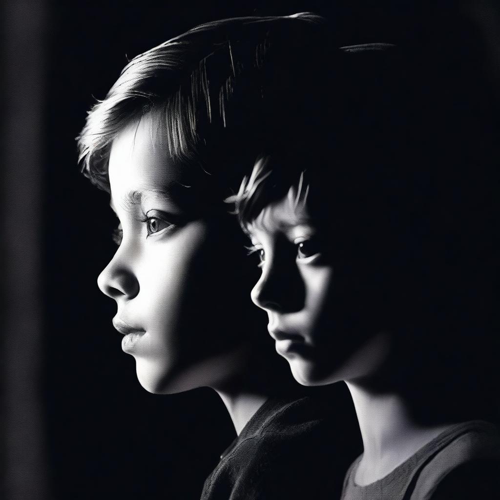 A shadowed profile image of a boy and girl's face, set against a dark and mysterious background