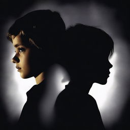 A shadowed profile image of a boy and girl's face, set against a dark and mysterious background