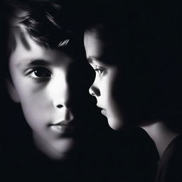 A shadowed profile image of a boy and girl's face, set against a dark and mysterious background