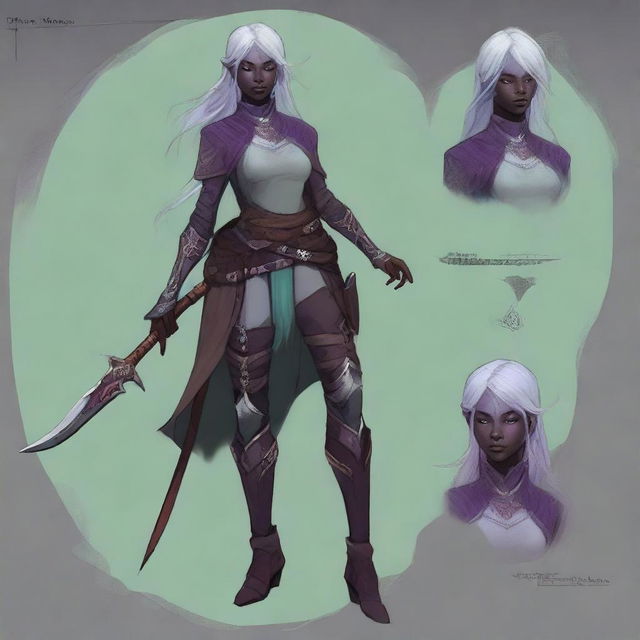 Create a detailed character design for a Chaotic Neutral female Seldarine (Eilistraee) Drow/Dark elf Ranger/Rogue with European features, gray skin with purple underglow, marble-mint green eyes, and silver dreadlocks