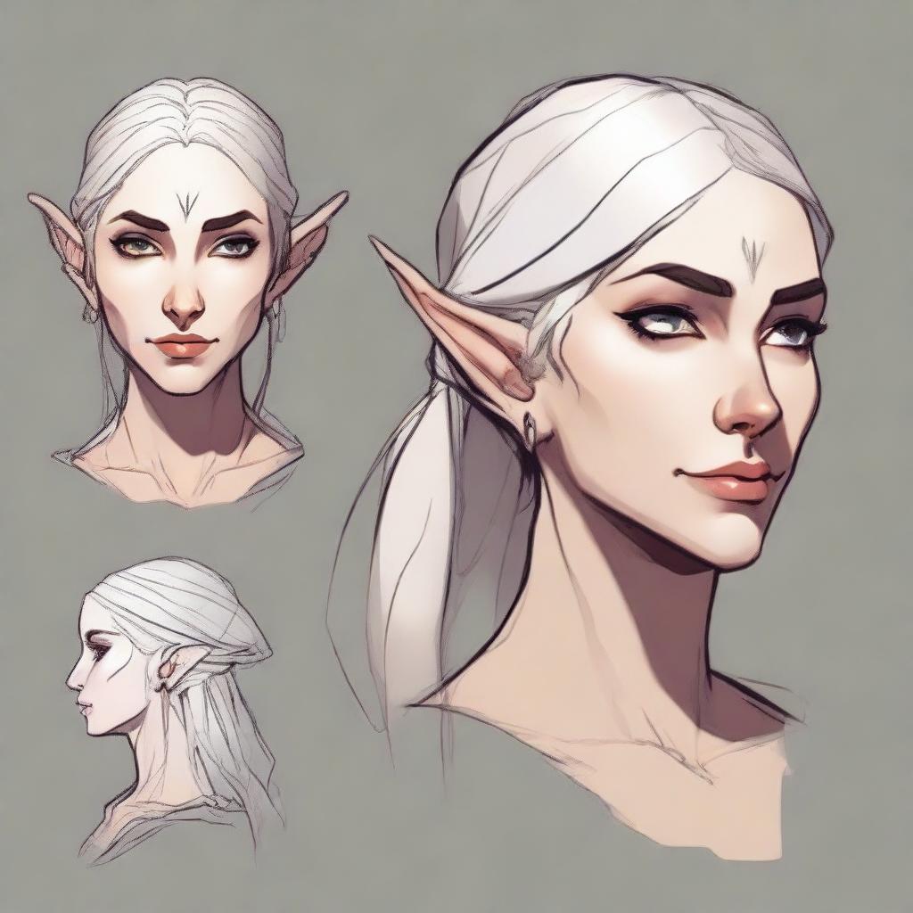 Create a detailed and stylized character design for a female elf inspired by Dungeons & Dragons and Baldur's Gate