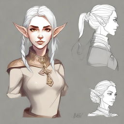 Create a detailed and stylized character design for a female elf inspired by Dungeons & Dragons and Baldur's Gate