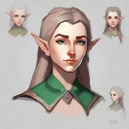 Create a detailed and stylized character design for a female elf inspired by Dungeons & Dragons and Baldur's Gate