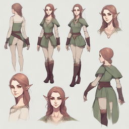 Create a detailed and stylized character design for a female elf inspired by Dungeons & Dragons and Baldur's Gate