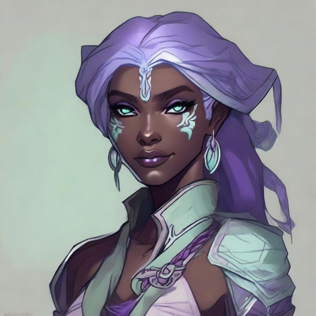 Create a detailed and stylized character design for a female Seldarine (Eilistraee) half Drow/Dark elf inspired by Dungeons & Dragons and Baldur's Gate, in the style of Alphonse Mucha