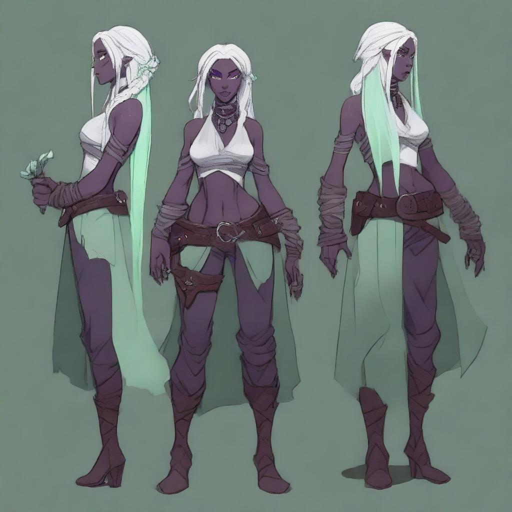 Create a highly detailed and stylized character design for a female Seldarine (Eilistraee) Drow inspired by Dungeons & Dragons and Baldur's Gate