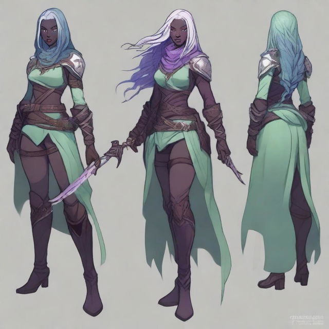 Create a highly detailed and stylized character design for a female Seldarine (Eilistraee) Drow inspired by Dungeons & Dragons and Baldur's Gate