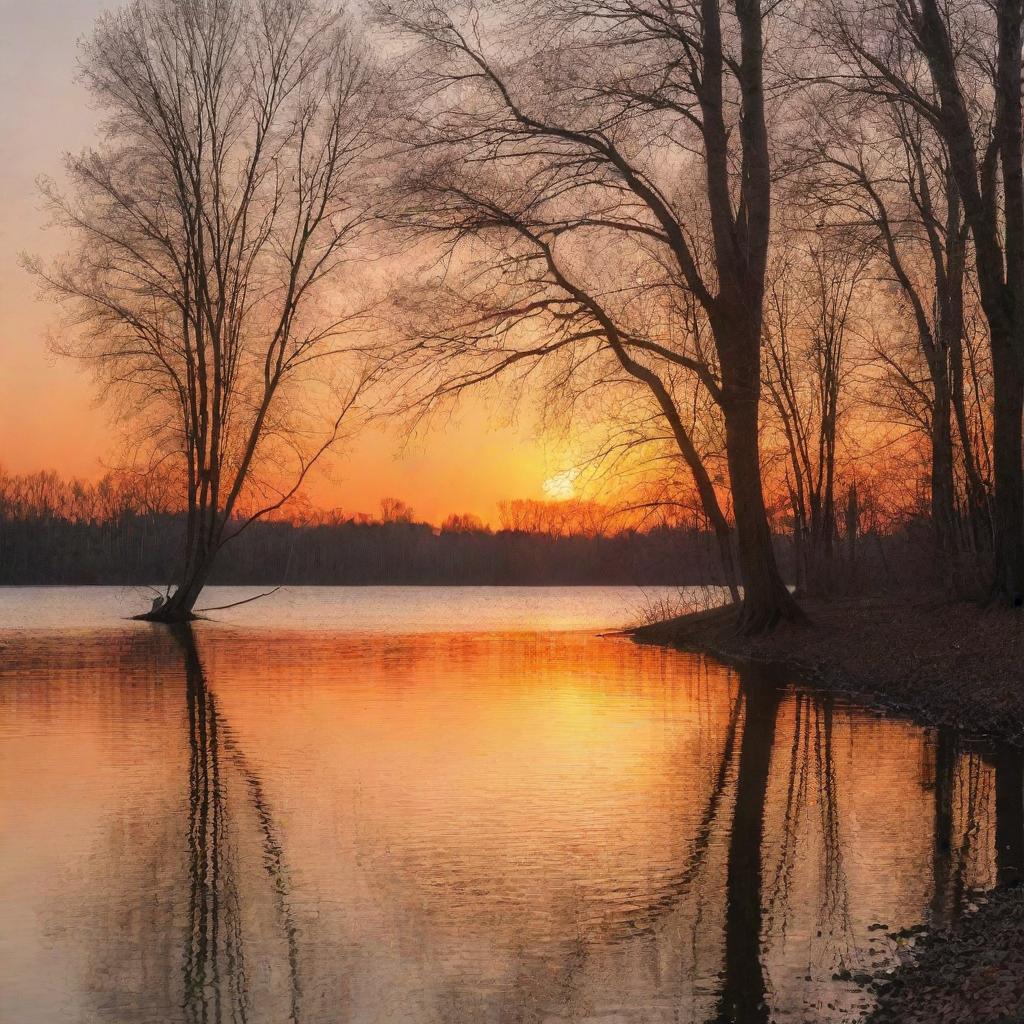 A serene lakeside at sunset, with gentle waves lapping the shore, trees casting long shadows, and a fiery orange sky reflecting on the calm water surface.