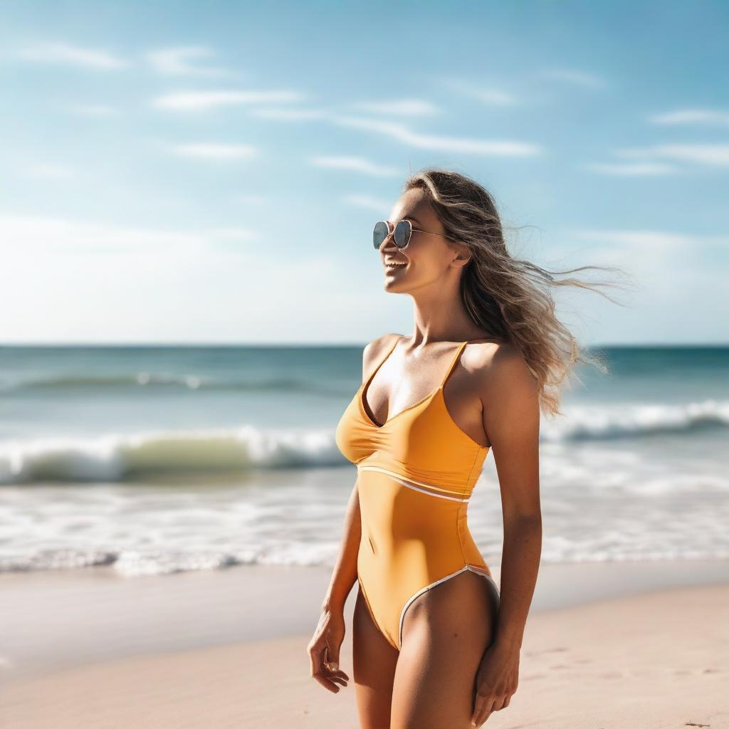 A woman in a stylish swimsuit, standing by the beach with the ocean waves in the background