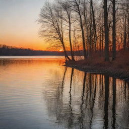 A serene lakeside at sunset, with gentle waves lapping the shore, trees casting long shadows, and a fiery orange sky reflecting on the calm water surface.