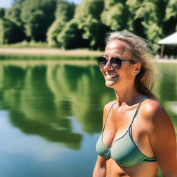 A woman in a swimsuit enjoying a sunny day at a Baggersee (a German term for a man-made lake)