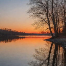 A serene lakeside at sunset, with gentle waves lapping the shore, trees casting long shadows, and a fiery orange sky reflecting on the calm water surface.