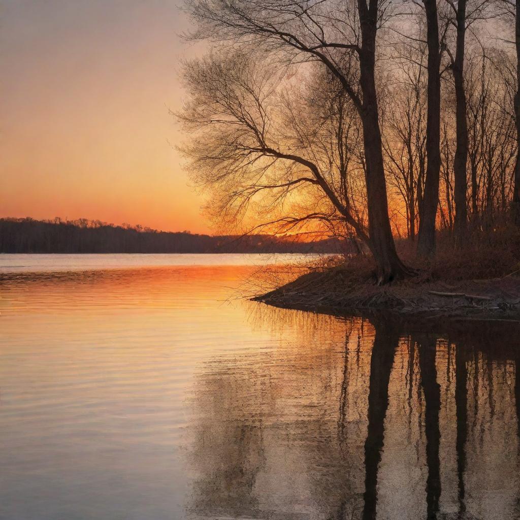 A serene lakeside at sunset, with gentle waves lapping the shore, trees casting long shadows, and a fiery orange sky reflecting on the calm water surface.