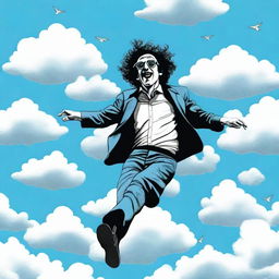 A detailed illustration of Charly Garcia flying through the sky with a serene expression on his face